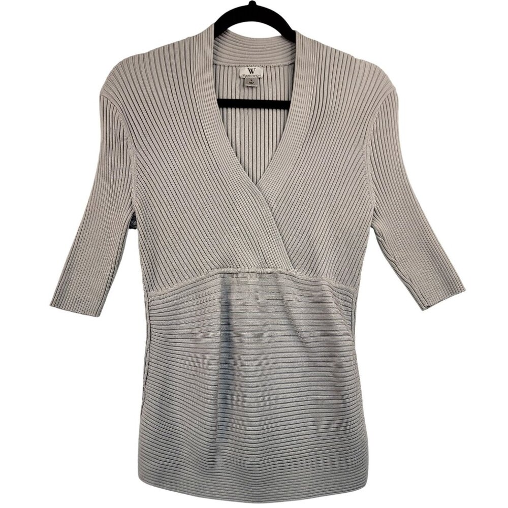 Worthington Womens Heavy Ribbed Knit Faux Wrap Top Empire Waist Large Gray